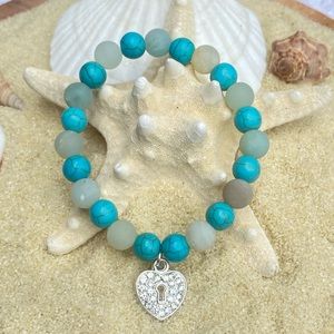 Beaded Bracelet - Amazonite and turquoise beads with silver tone heart charm